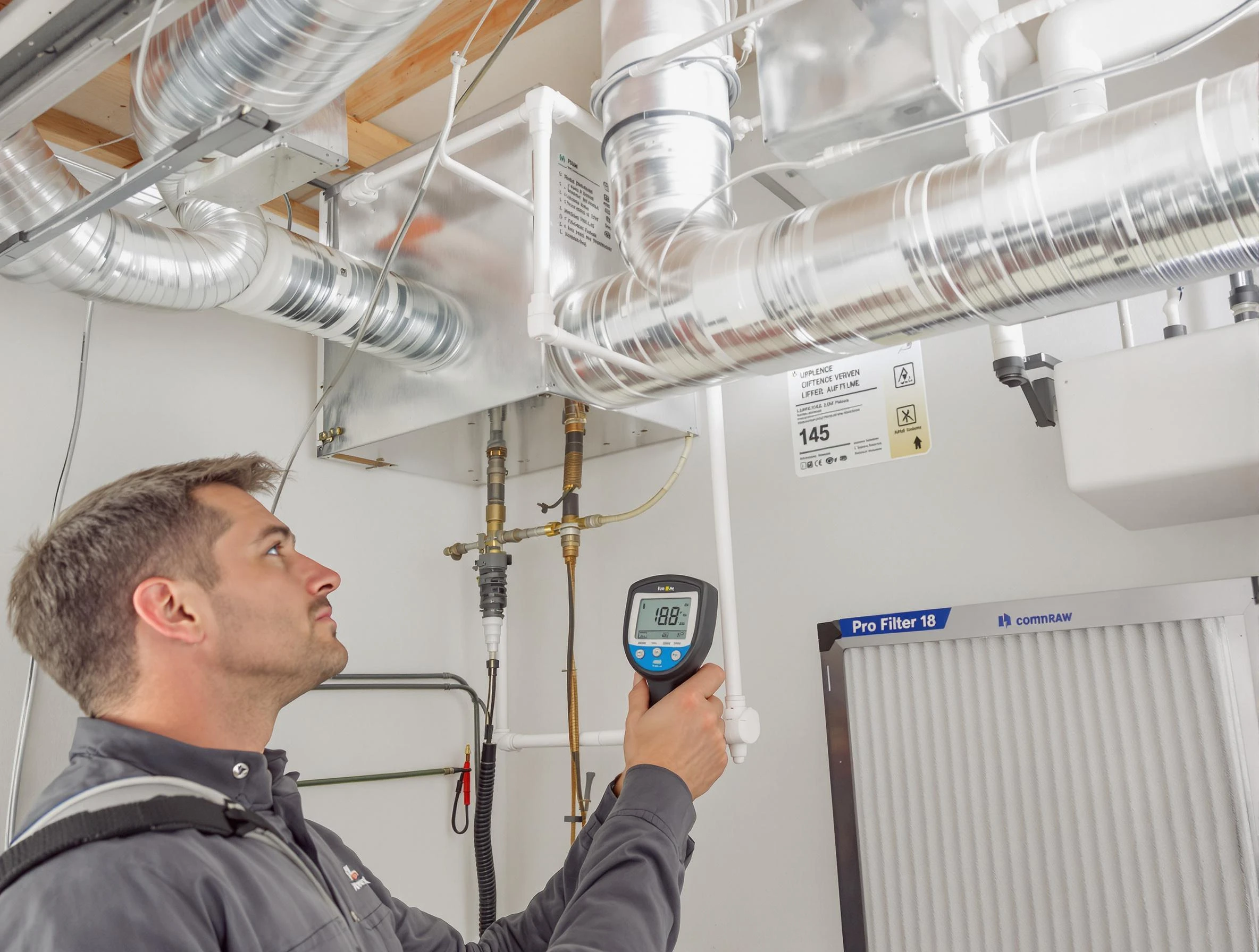 Milton Air Duct Cleaning expert conducting detailed filter system inspection using diagnostic tools in Milton